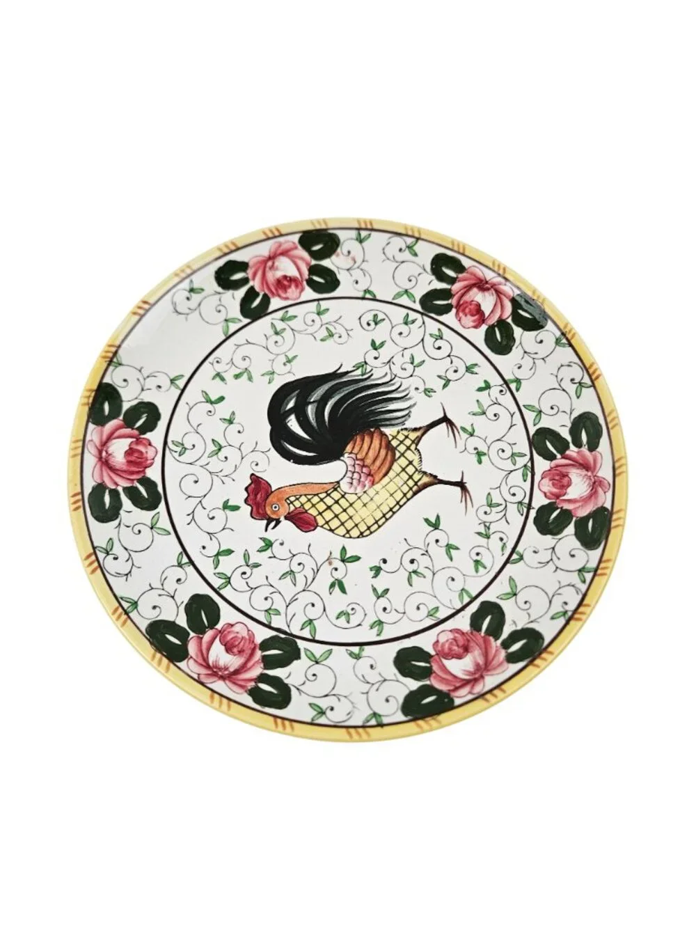 Early Provincial Dinner Plate Hand Painted Ceramic Rooster Roses UCAGCO Japan